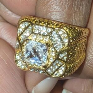 Mens Elegant Simulated Diamond 14k Gold Plated Ring Sz 8